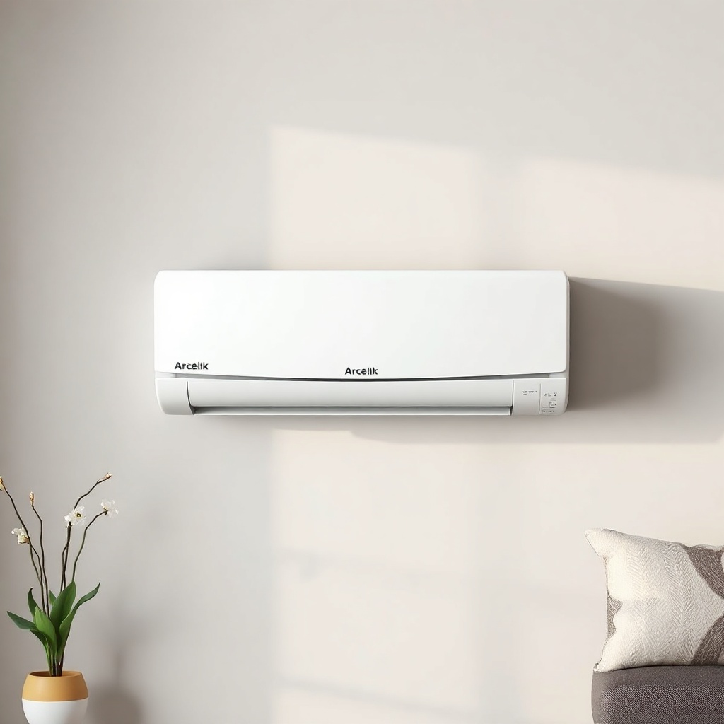 <A photorealistic photo of a white Arçelik 243410 Ekonomik split air conditioner installed