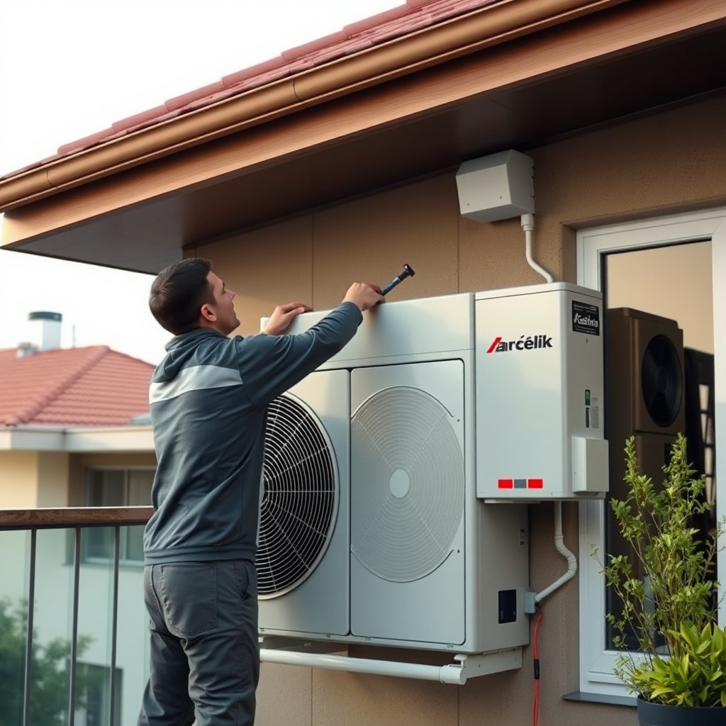 <A photorealistic photo of a technician installing an Arçelik 243410 Ekonomik outdoor unit