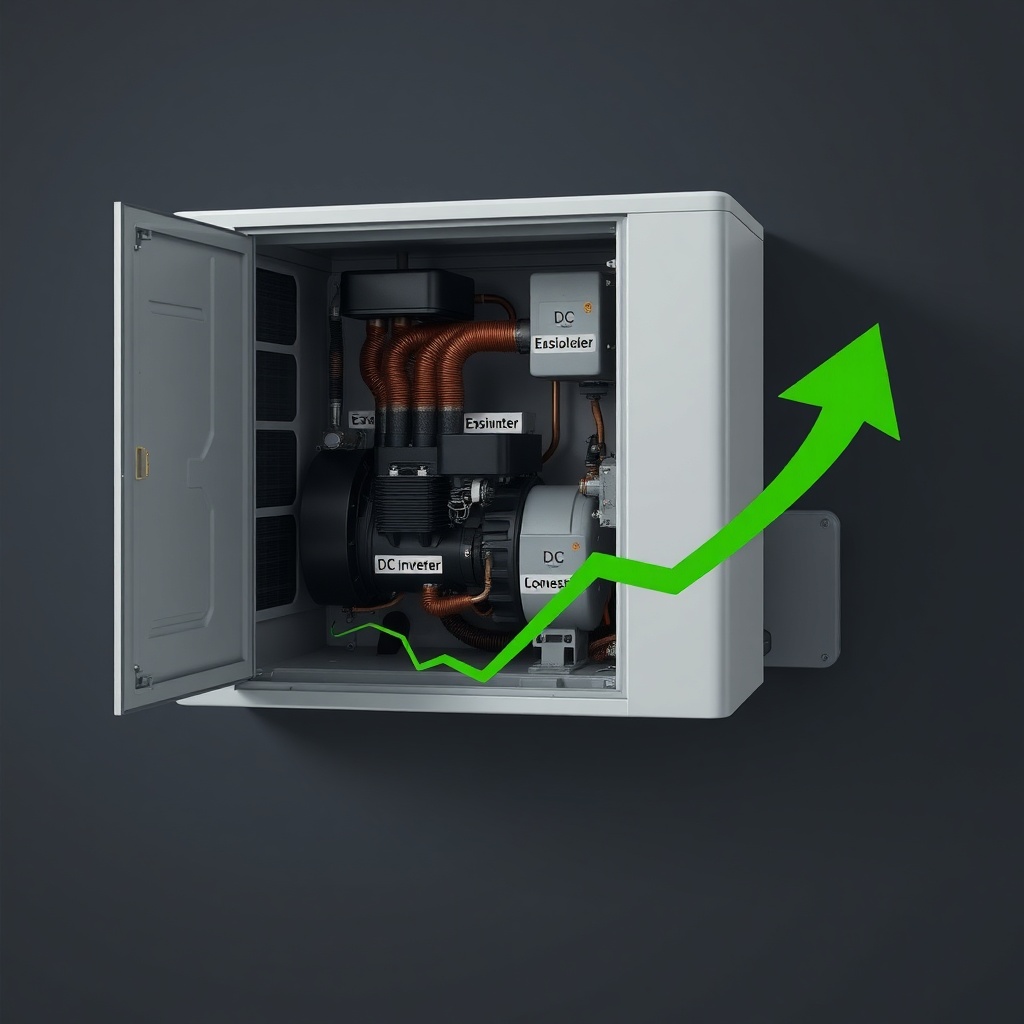A photorealistic illustration showing the DC inverter compressor inside the outdoor unit w