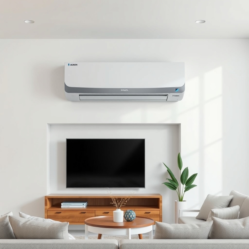 <clean photorealistic photo/illustration of a Daikin Emura FTXM35M unit mounted on a white