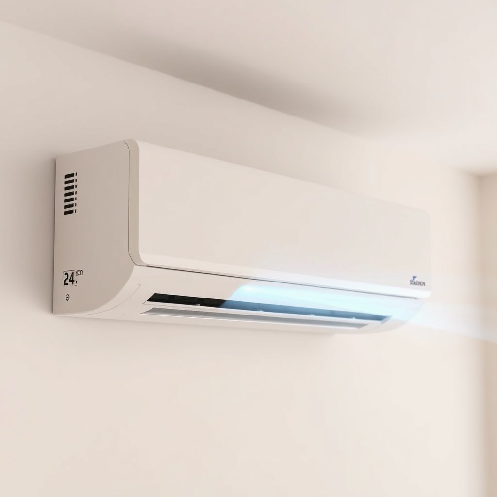 <clean photorealistic photo/illustration of a Daikin Emura FTXM35M indoor unit with blue L