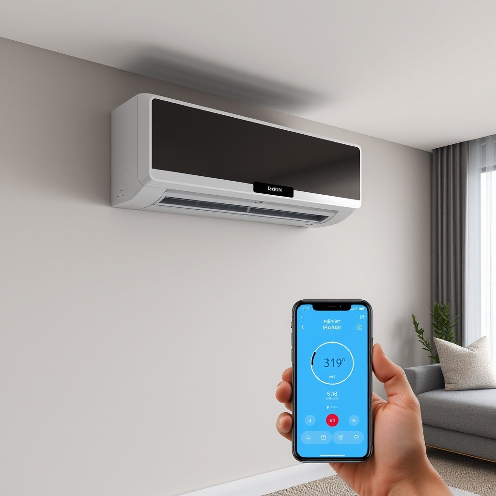 <clean photorealistic photo/illustration of Daikin Emura FTXM35M mounted on a wall in a mo