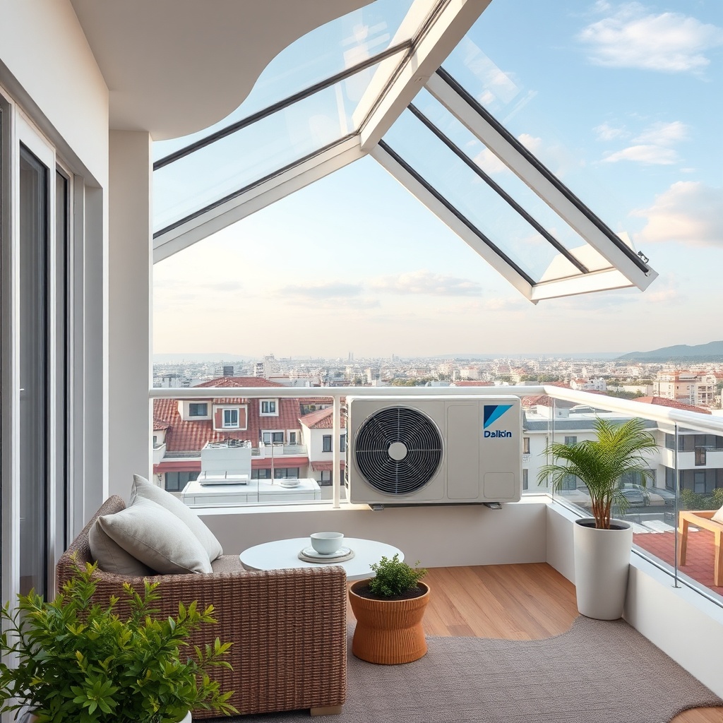 Daikin Emura FTXM35M dış ünitesinin balkon köşesinde