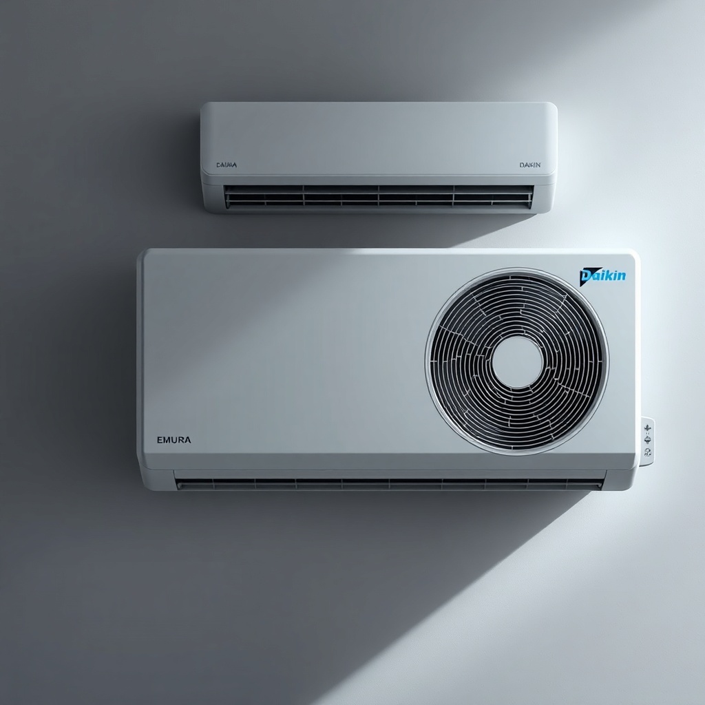 Daikin Emura FTXM35M ünite dış mekanda kar ve güneş ışığı altında fotorealistik görüntü