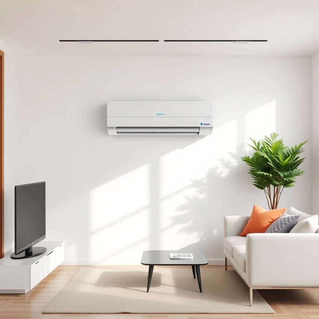 <clean photorealistic photo/illustration of a modern living room with the Daikin Emura FTX