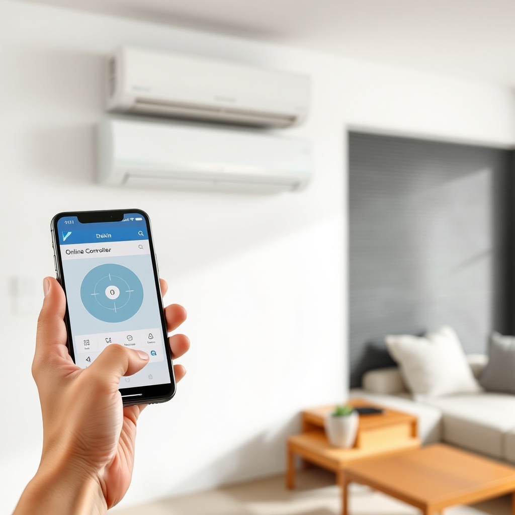 A realistic photo of a user holding a smartphone showing the Daikin Online Controller app