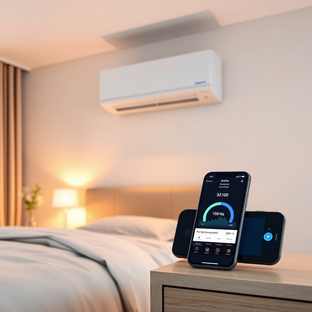 A photorealistic interior shot of a modern bedroom with a Daikin Emura FTXR35M unit on the