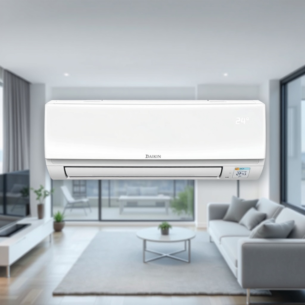 <clean photorealistic photo of Daikin Emura FTXR35M indoor unit with a digital display sho