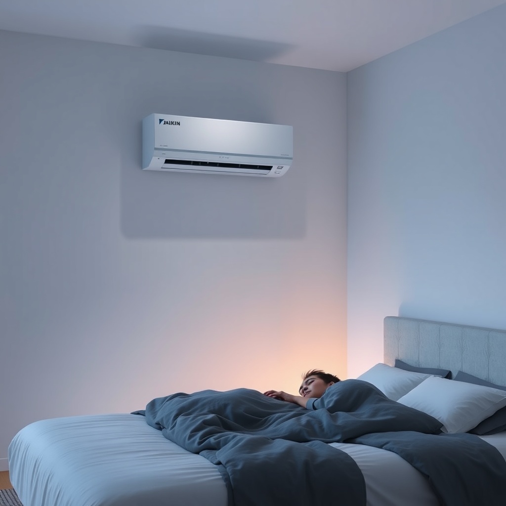 A modern bedroom with a Daikin Emura FTXR35M on the wall