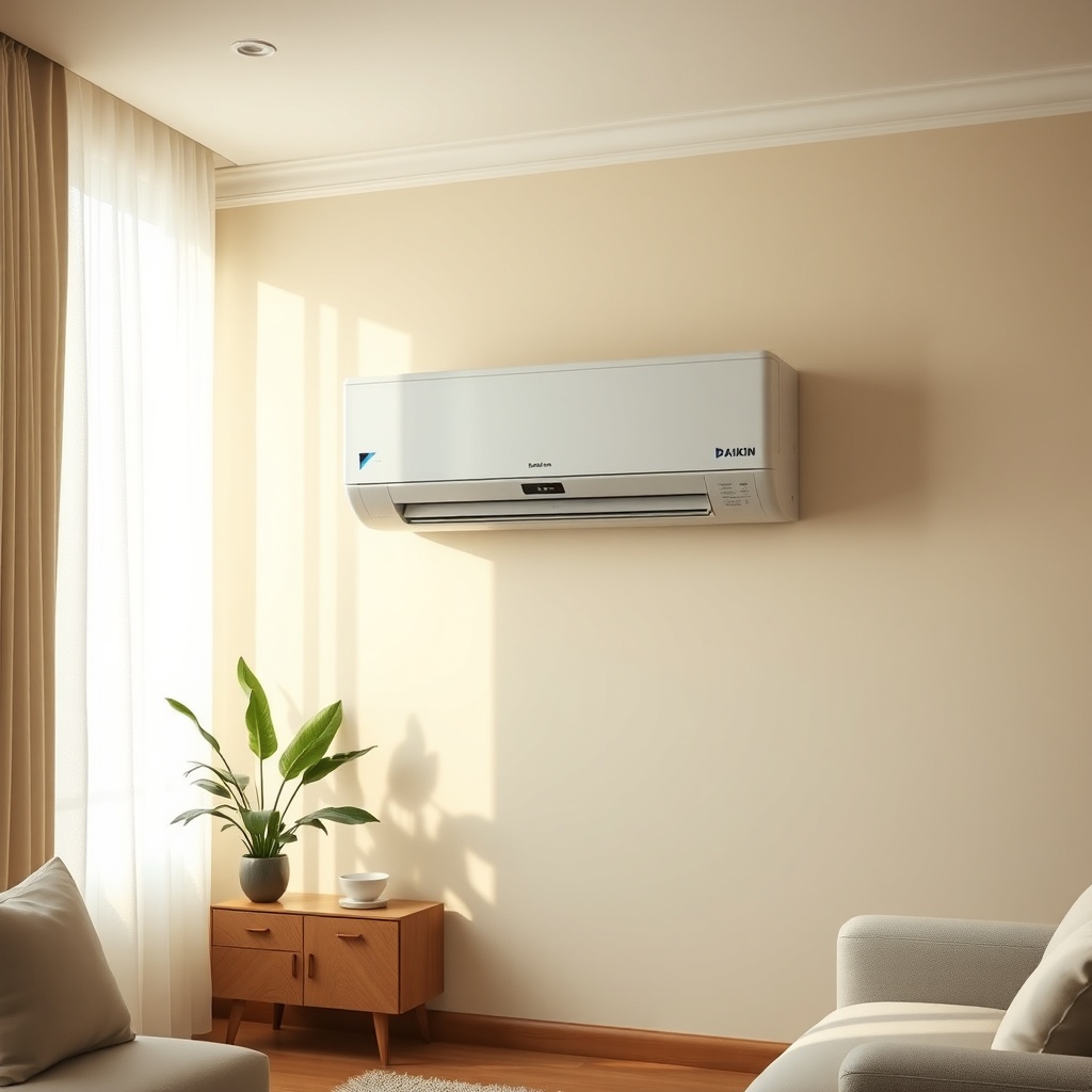 <clean photorealistic photo of a Daikin Emura FTXR35M unit mounted on a cream-colored wall