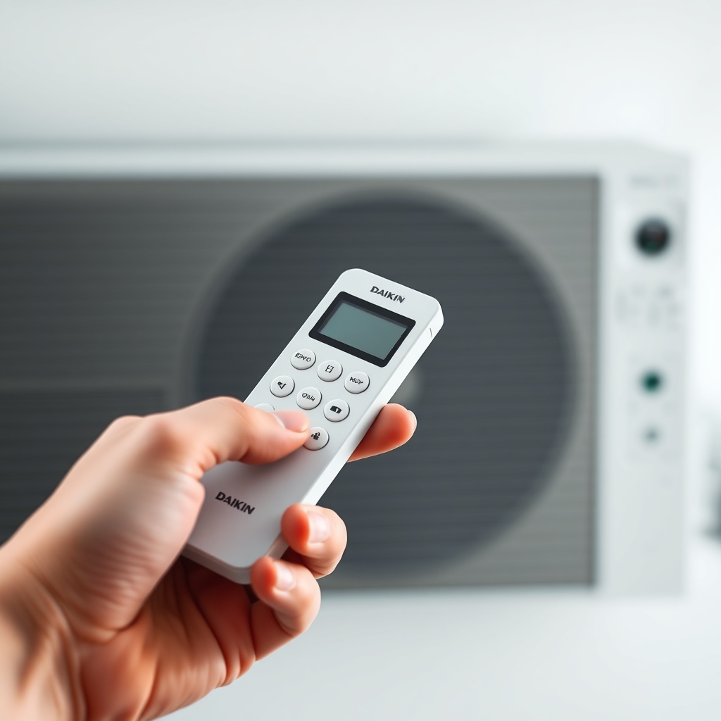 <clean photorealistic photo of a Daikin Emura FTXR35M remote control held in hand