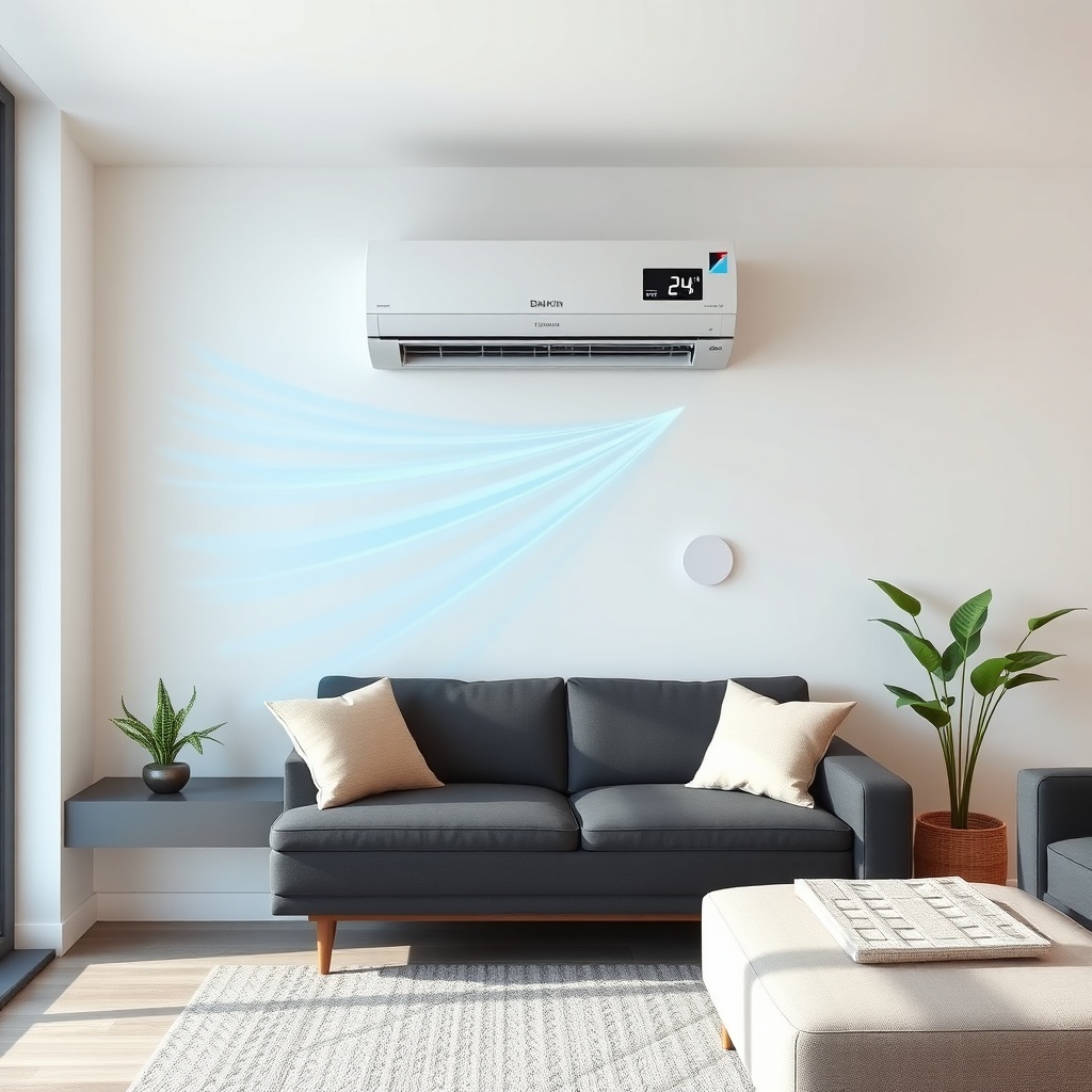 Clean photorealistic photo of a modern living room with a Daikin Emura FTXR35M unit mounte