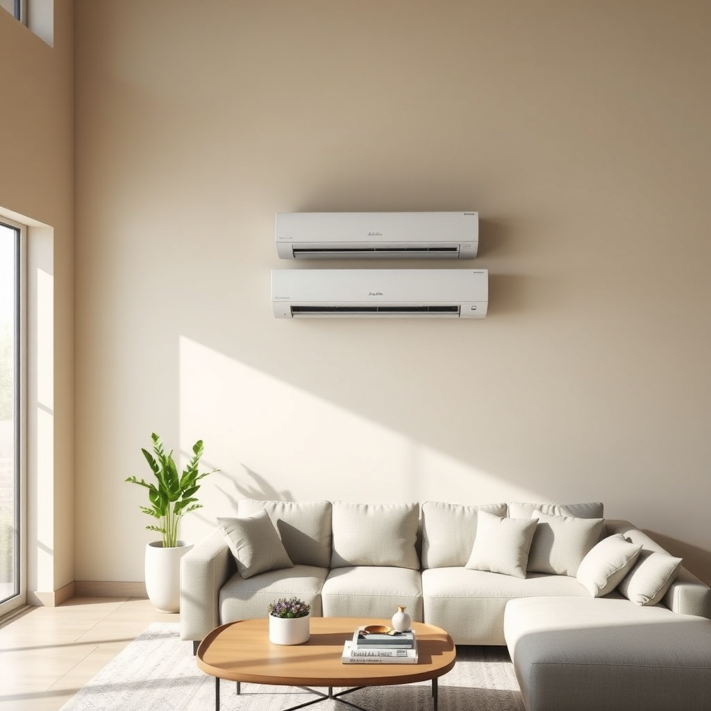 A photorealistic photo of a Daikin Emura FTXM35M indoor unit mounted on a light beige wall