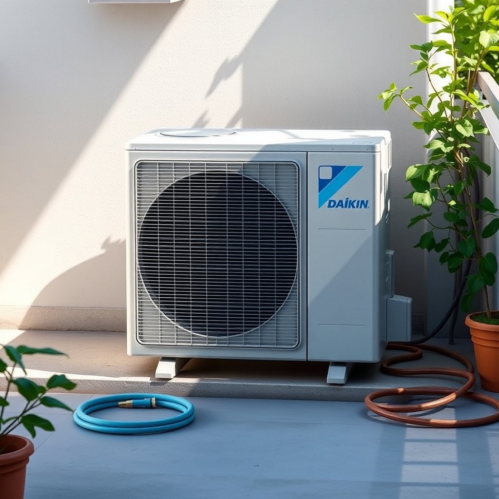 A photorealistic illustration of a clean outdoor unit of a Daikin Emura FTXM35M on a concr