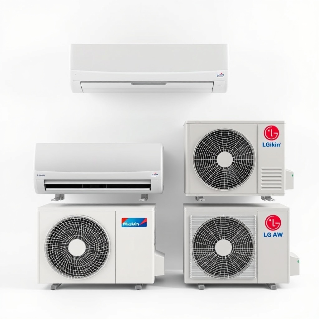 <A side-by-side comparison of three split air conditioning units on a white background: Mi