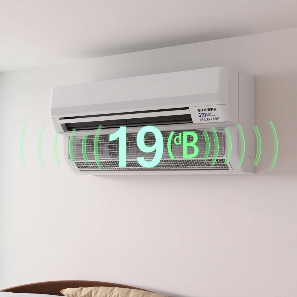 A photorealistic close-up of a Mitsubishi Heavy SRK 35 ZS-W indoor unit mounted on a wall