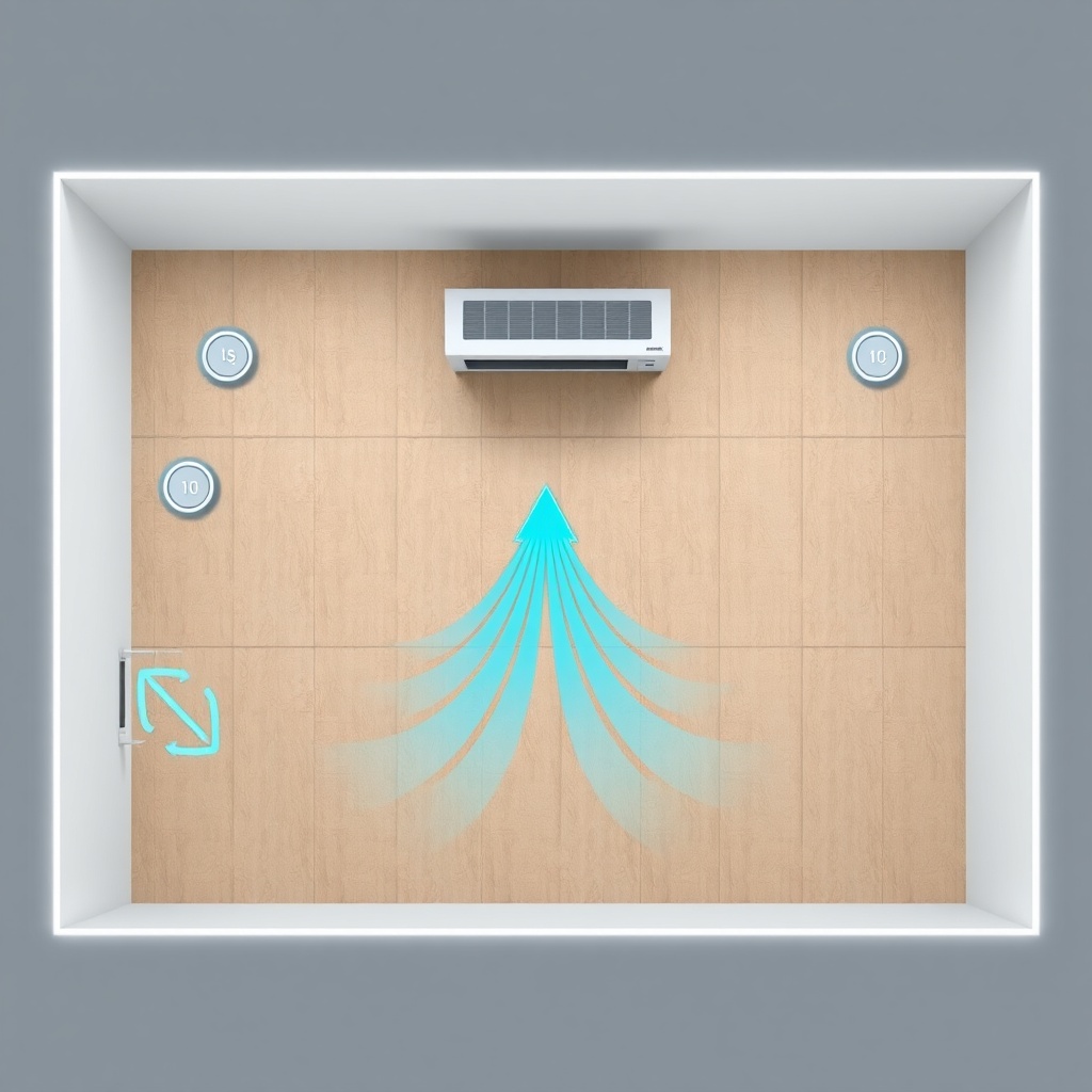 A photorealistic overhead illustration of a rectangular room with four temperature sensors