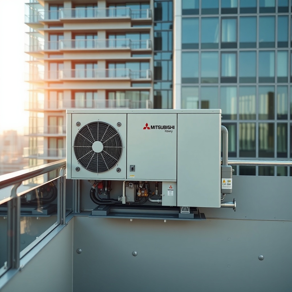 <clean photorealistic photo of Mitsubishi Heavy SRC 35 ZS-W outdoor unit on a balcony