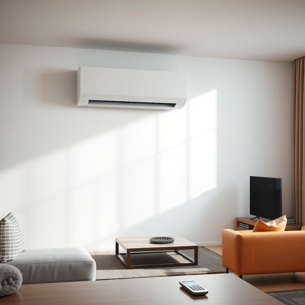 <clean photorealistic photo of the SRK/SRC 35 ZS-W indoor unit installed in a modern livin