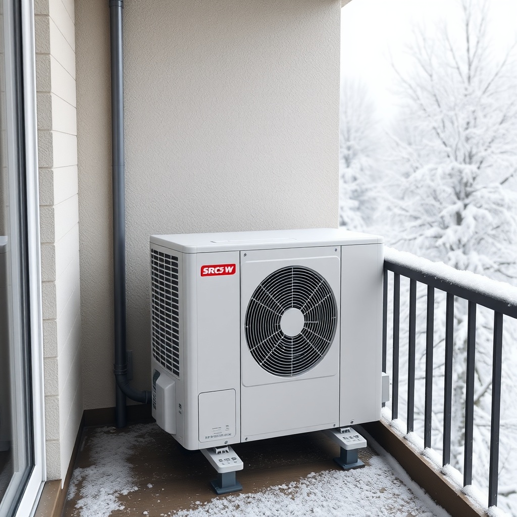 <clean photorealistic photo of the outdoor unit (SRC 35 ZS-W) placed on a balcony with win