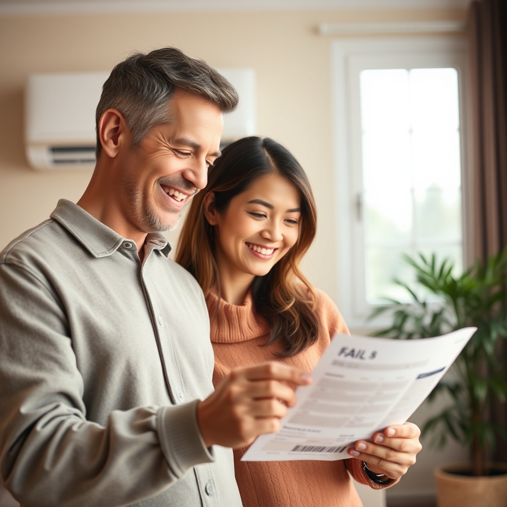<clean photorealistic photo of a homeowner smiling while looking at a low electricity bill