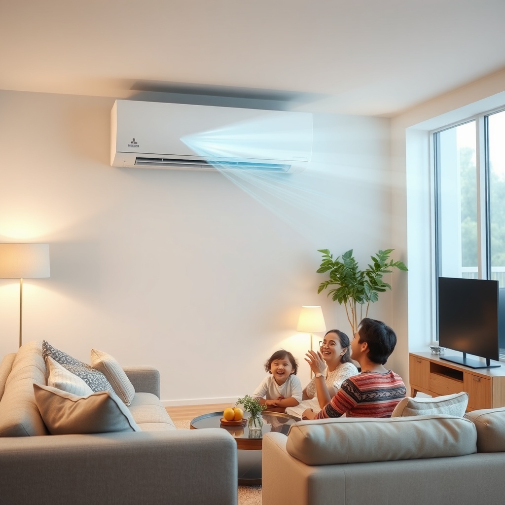 A photorealistic photo showing a Mitsubishi Heavy SRK/SRC 35 ZS-W indoor unit blowing cool