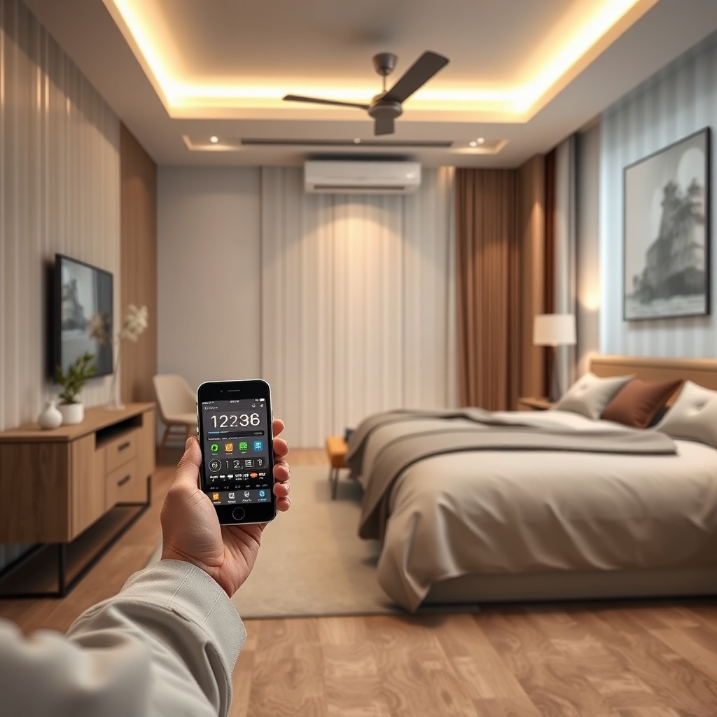 A photorealistic photo showing a person using a smartphone app to control a Mitsubishi Hea