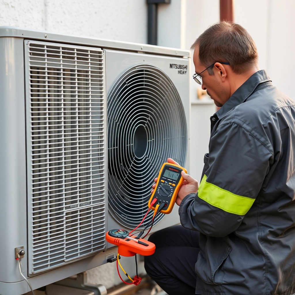 A technician inspecting a Mitsubishi Heavy SRC 35 ZS-W outdoor unit with a multimeter